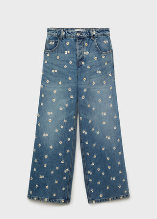 Jeans Wide Leg con Bordado Floral
