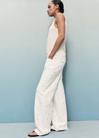 Jeans Wide Leg con Bordado Floral