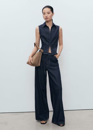 Blusa Denim con Costuras en Contraste.