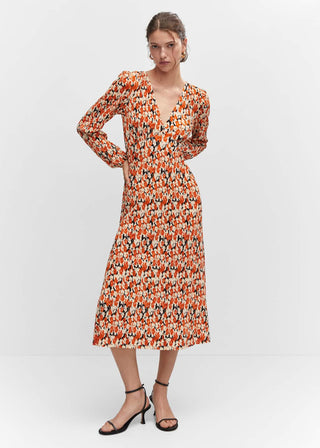 Vestido Manga Larga Cuello V con Estampado