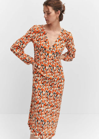Vestido Manga Larga Cuello V con Estampado