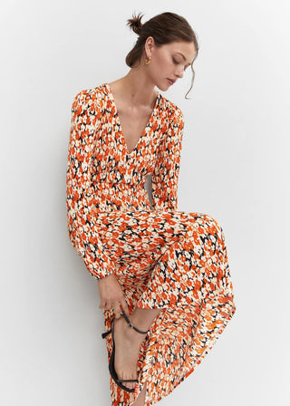 Vestido Manga Larga Cuello V con Estampado