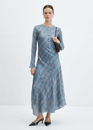 Vestido Manga Larga con Estampado de Cuadros