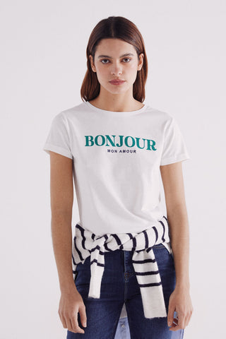 Camiseta Manga Corta con Gráfico "Bonjour"