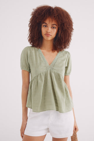 Blusa Manga Corta con Detalle de Encaje