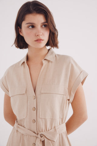 Enterizo Manga Corta con Cinturón de Lino