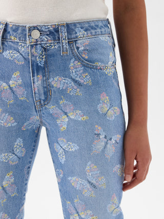 Jeans Talle Alto con Estampado Mariposas, Niña