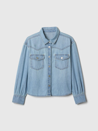 Camisa Denim  Manga Larga con Bolsillos, Niña