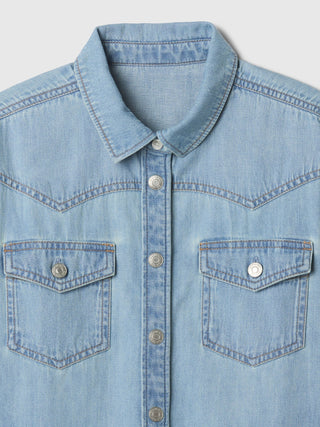 Camisa Denim  Manga Larga con Bolsillos, Niña
