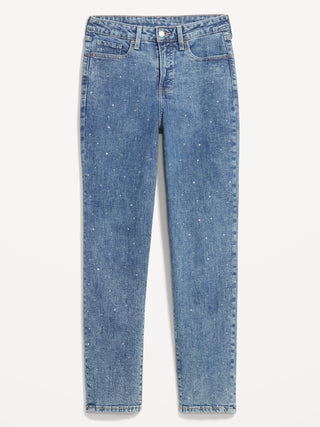 Jeans Talle Alto con Detalle de Brillos