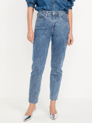 Jeans Talle Alto con Detalle de Brillos