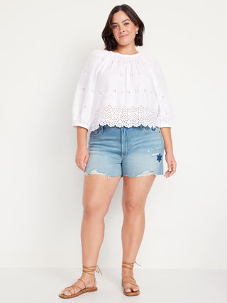 Short Denim Talle Alto con Bordado Floral
