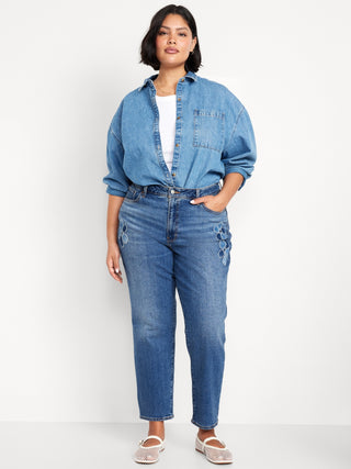 Jeans Talle Alto con Aplicaciones Florales