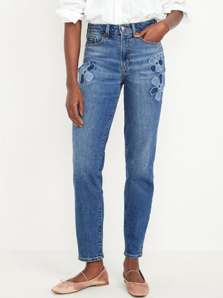 Jeans Talle Alto con Aplicaciones Florales