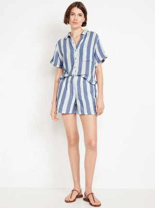 Short Talle Alto Efecto Arrugado con Estampado de Rayas