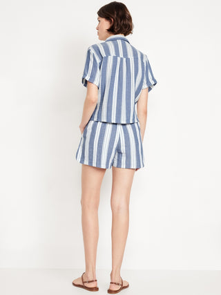 Short Talle Alto Efecto Arrugado con Estampado de Rayas