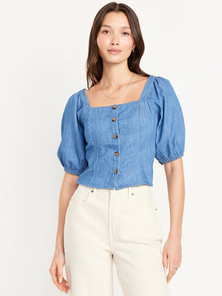 Blusa Denim con Manga Abullonada