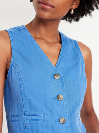 Chaleco Denim Cuello V con Bolsillos