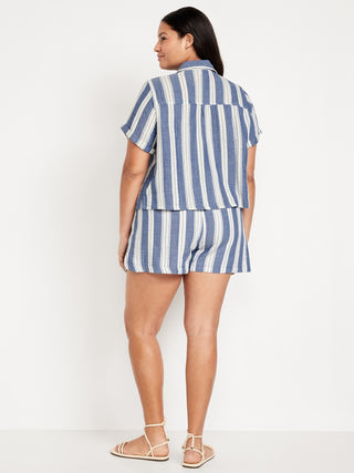 Short Talle Alto Efecto Arrugado con Estampado de Rayas