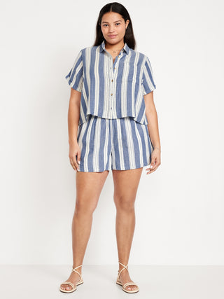 Short Talle Alto Efecto Arrugado con Estampado de Rayas