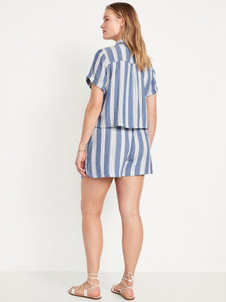 Short Talle Alto Efecto Arrugado con Estampado de Rayas