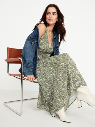 Vestido Largo Cuello V con Estampado Floral