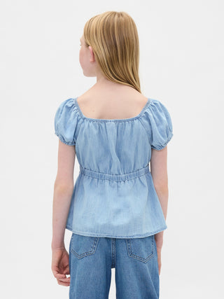 Blusa Denim Manga Corta con Botones, Niña