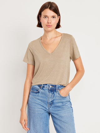 Camiseta Cuello en V con Tejido Brillante