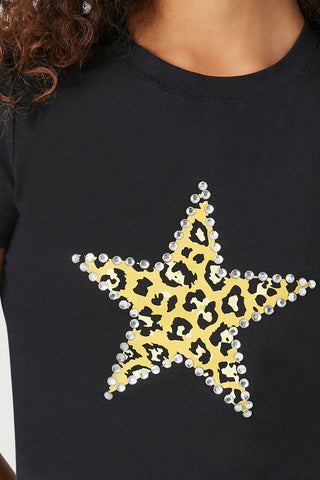 Camiseta Corta con Estampado de Estrella de Leopardo