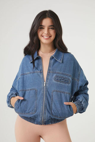 Jacket Bomber en Denim con Zíper