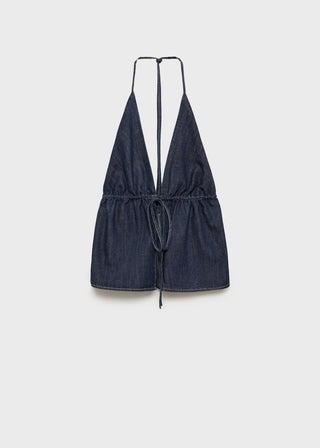 Blusa Denim con Escote Pico Lazo.