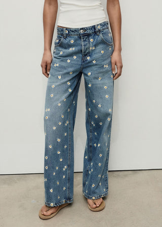 Jeans Wide Leg con Bordado Floral