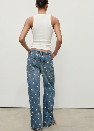 Jeans Wide Leg con Bordado Floral