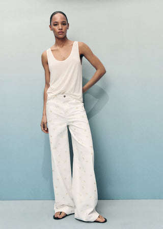 Jeans Wide Leg con Bordado Floral