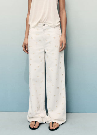 Jeans Wide Leg con Bordado Floral