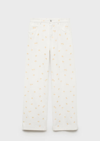 Jeans Wide Leg con Bordado Floral