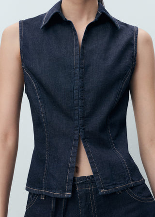 Blusa Denim con Costuras en Contraste.