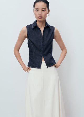 Blusa Denim con Costuras en Contraste.