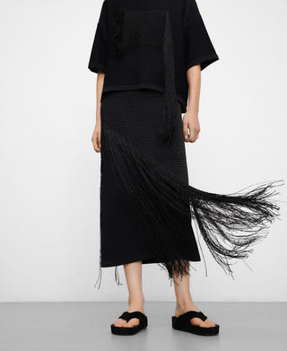 Elastic Waist Straight Skirt with Fringes