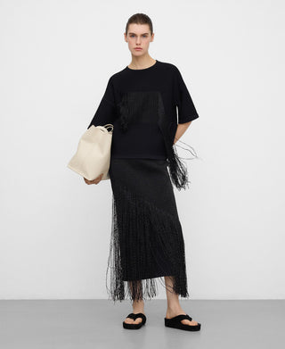 Elastic Waist Straight Skirt with Fringes