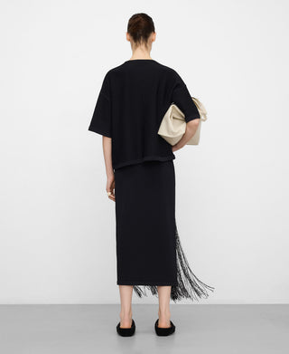 Elastic Waist Straight Skirt with Fringes