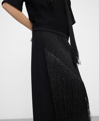 Elastic Waist Straight Skirt with Fringes