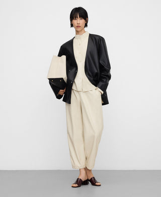 Barrel Trousers with Faux Leather Elastic Waist