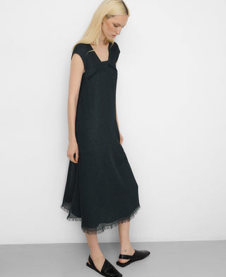 Vestido Midi Escote Cuadrado con Detalle Desflecado