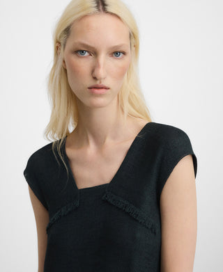 Vestido Midi Escote Cuadrado con Detalle Desflecado