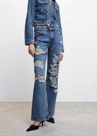 Jeans Rectos con Rotos Decorativos