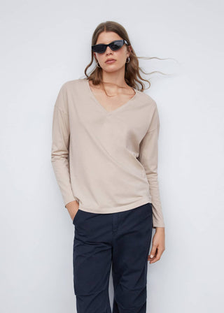 Camiseta Cuello Pico de Rayas, Beige