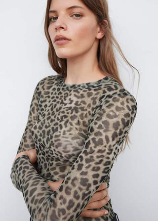 Camiseta Semitransparente Animal Print, Café