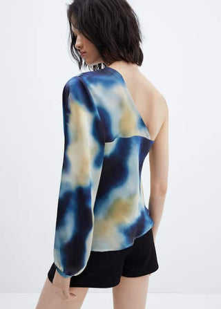 Blusa Asimétrica Satinada Estampado, Azul