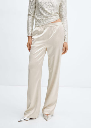 Pantalón Satinado con Cintura Elástica, Beige